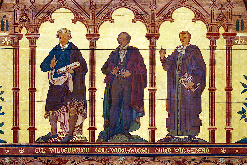 A painting of Wilberforce, Wordsworth, and Whytehead on the Chapel ceiling