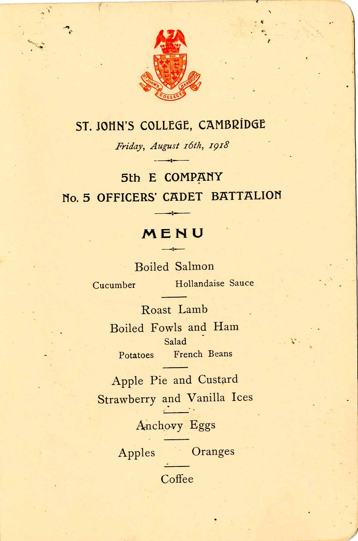 Officers' Cadet dinner menu