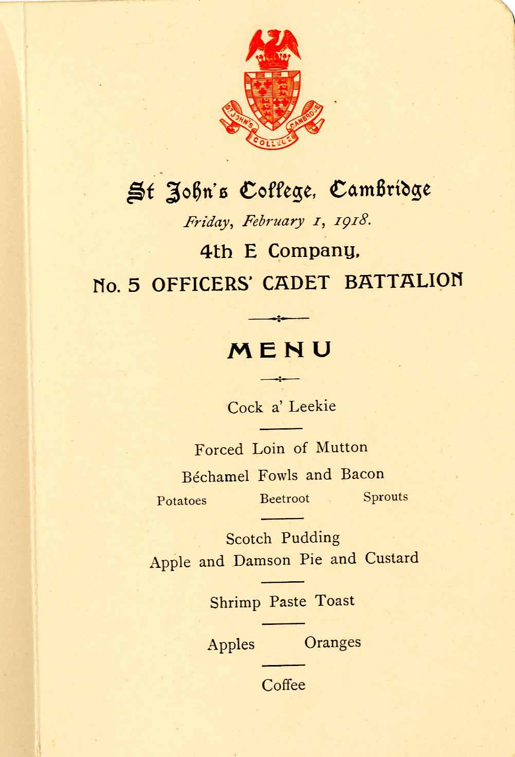 WW1 Cadet Battalion dinner menu